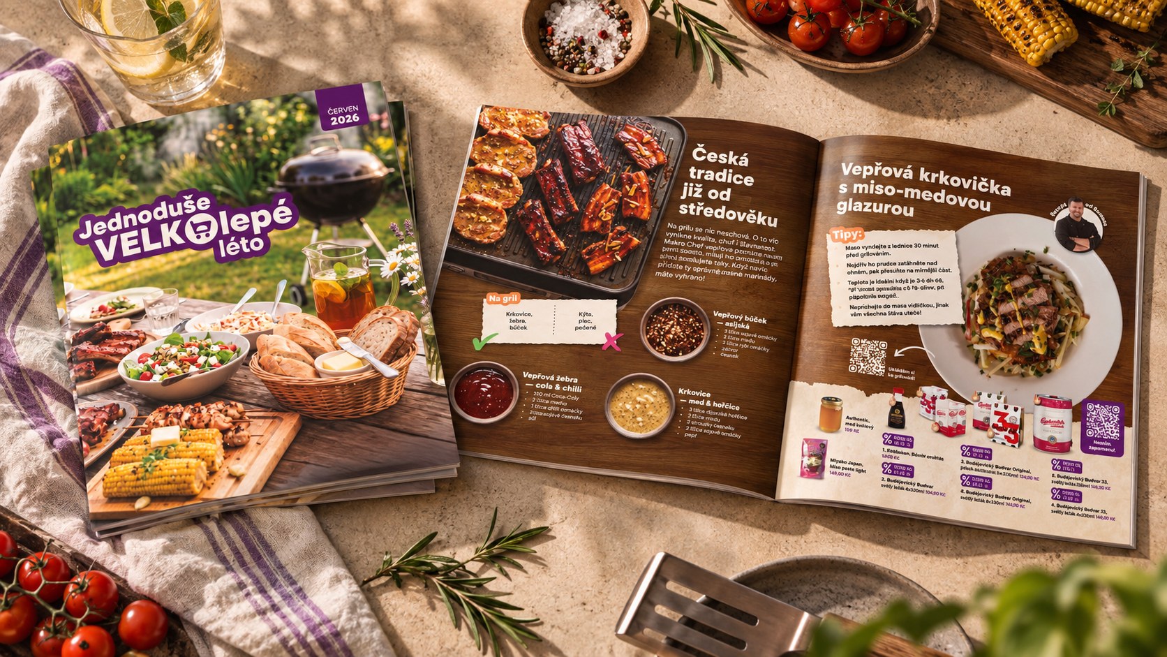Grilling catalog and two open spreads styled on an outdoor table with grilled food and ingredients