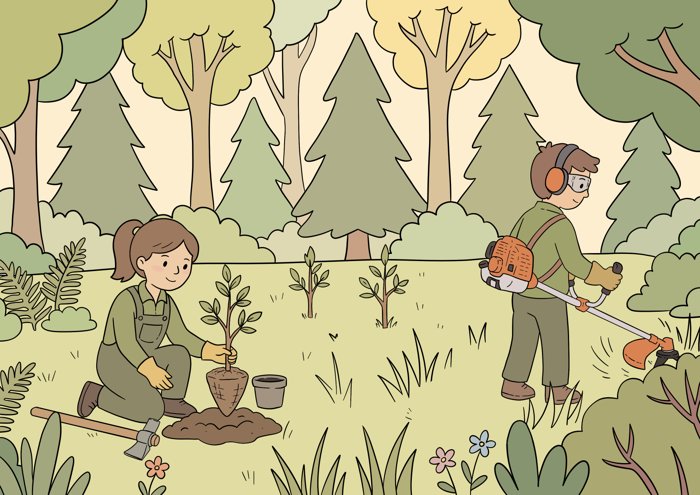 Illustration of a forestry worker planting trees