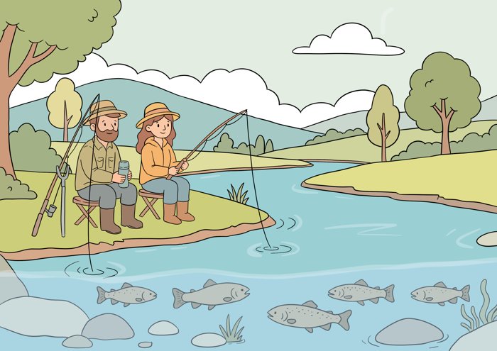 Illustration of two people fishing by a river